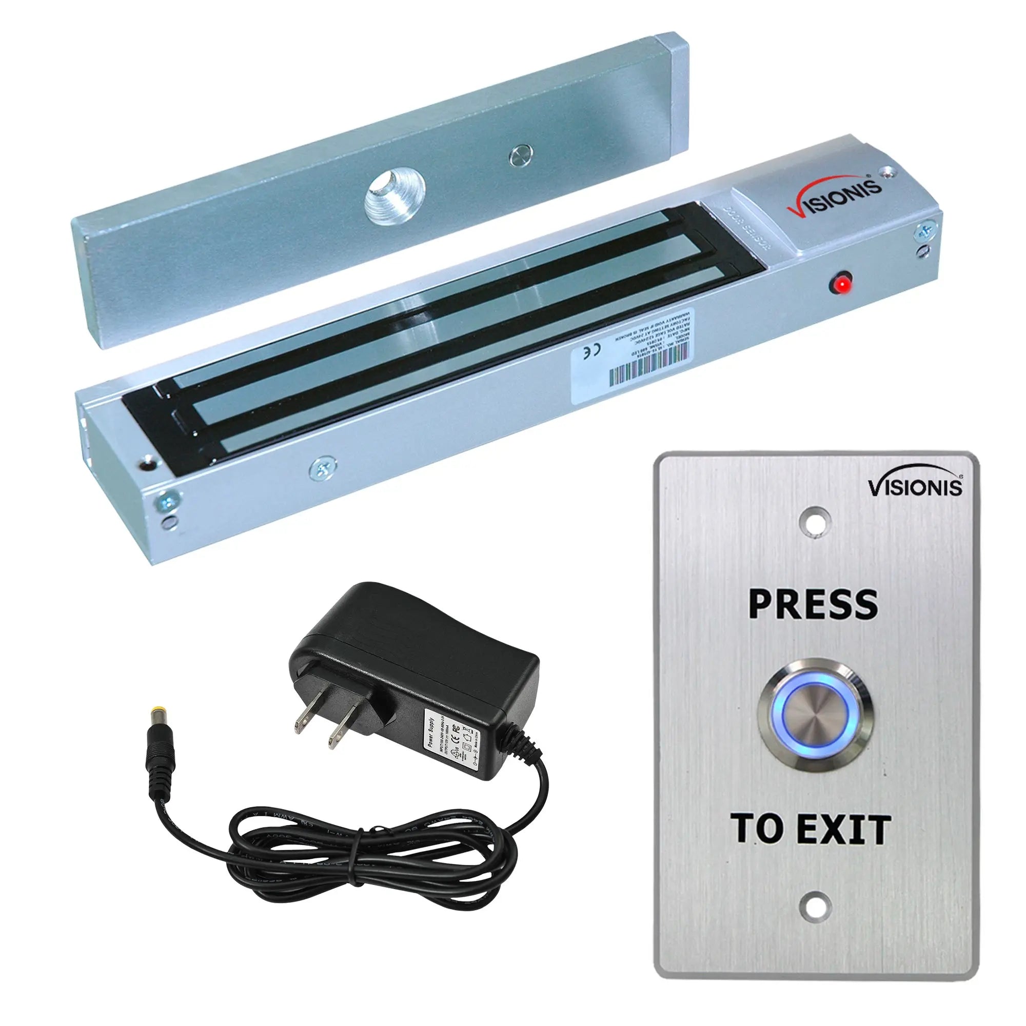 Indoor Magnetic Lock VIS-ML600LED 600lbs For Out Swinging Door With VIS-7001 Door Bell Type Push To Exit Button NC, COM And NO Outputs For Access Control, 2 Amp Power Supply - FPC-7317 Visionis