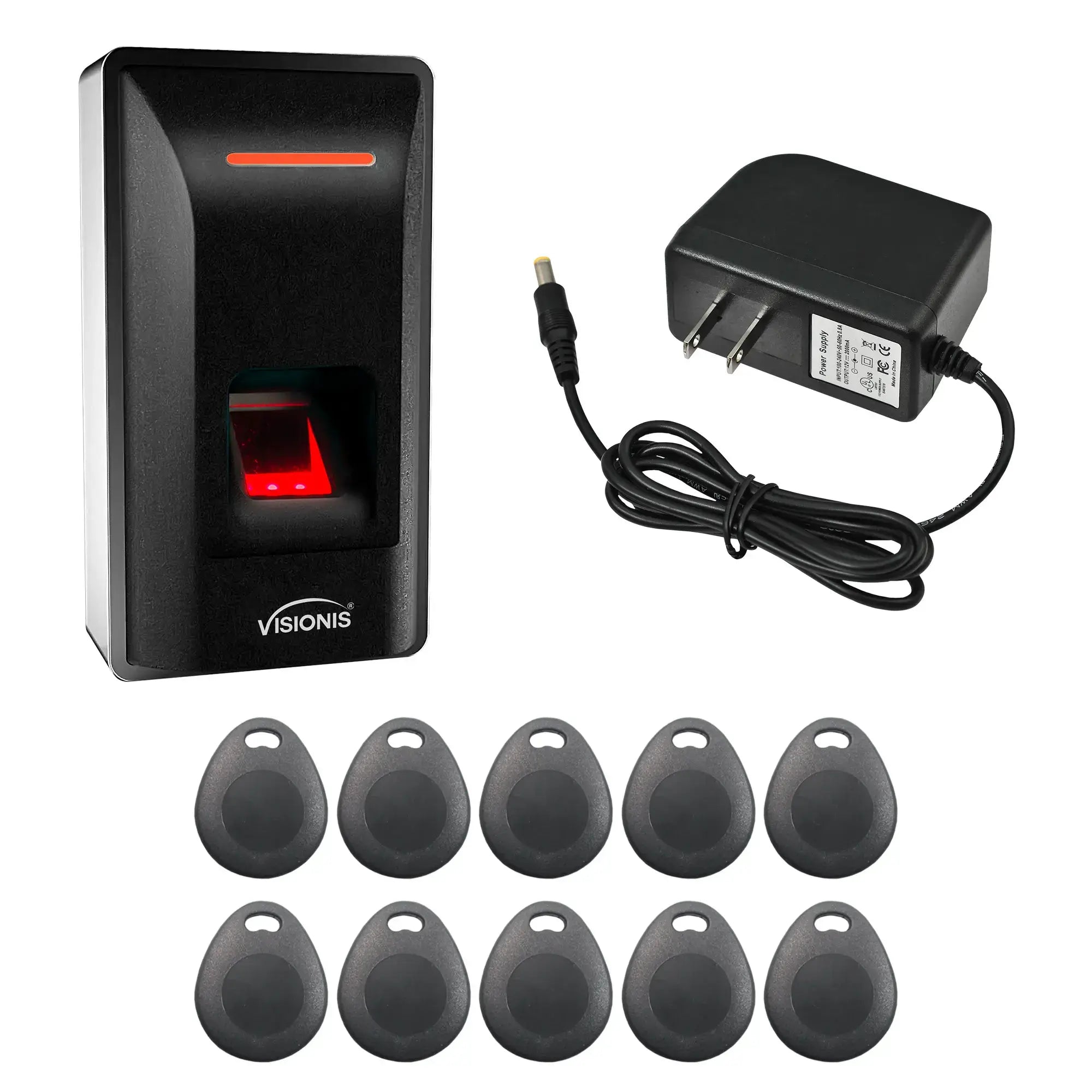 Standalone fingerprint biometric and card reader with key tags, power supply - FPC-9233