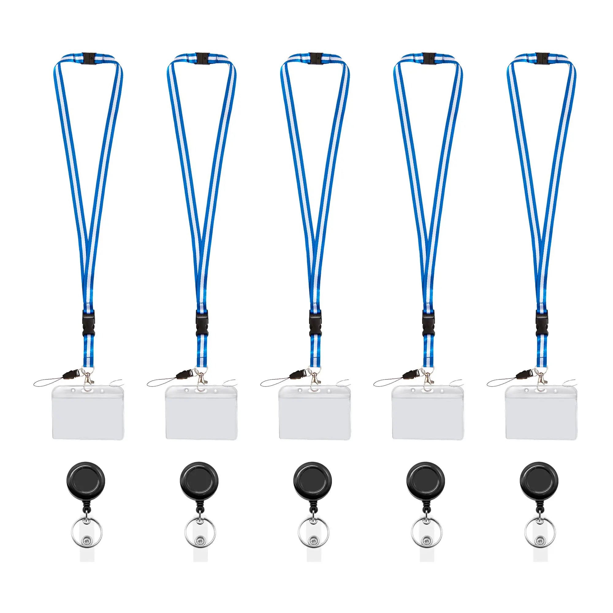 A set of five blue and white retractable lanyards with detachable breakaway clips and clear badge holder - FPC-9408
