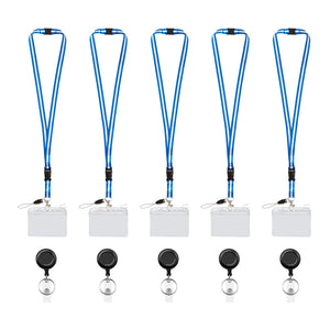 A set of five blue and white retractable lanyards with detachable breakaway clips and clear badge holder - FPC-9408