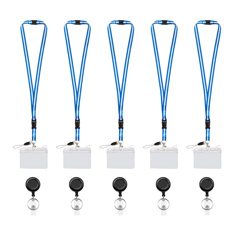 A set of five blue and white retractable lanyards with detachable breakaway clips and clear badge holder - FPC-9408