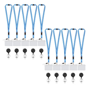A pack of 10 blue and white retractable lanyards with detachable breakaway clips and clear badge holder - FPC-9409