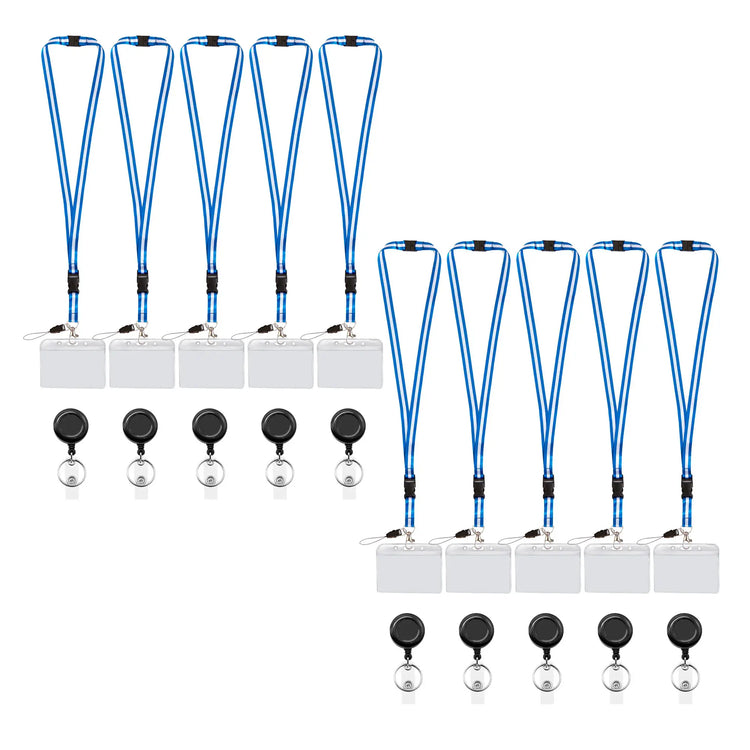 A pack of 10 blue and white retractable lanyards with detachable breakaway clips and clear badge holder - FPC-9409