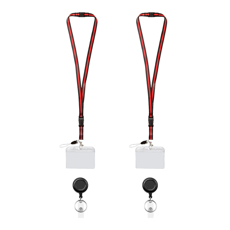 Pack of two red and black retractable lanyards with detachable breakaway clips and clear badge holder - FPC-9410