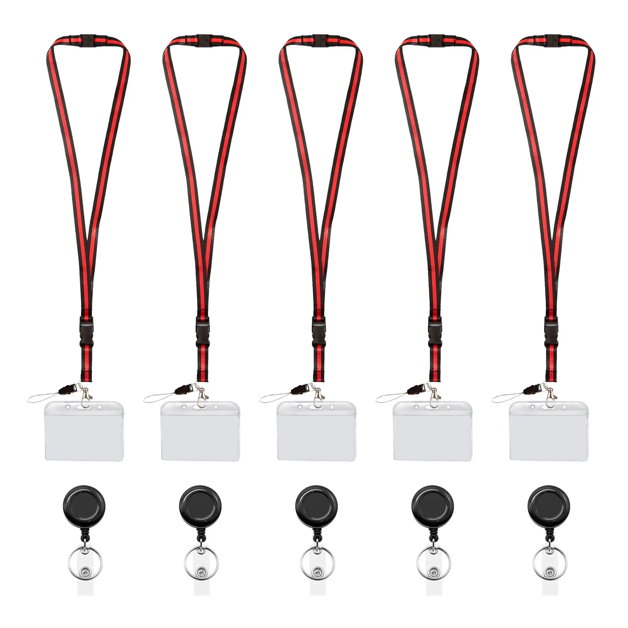 A set of five red and black retractable lanyards with detachable breakaway clips and clear badge holder - FPC-9411
