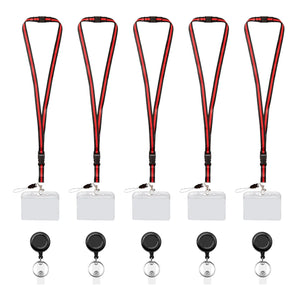 A set of five red and black retractable lanyards with detachable breakaway clips and clear badge holder - FPC-9411