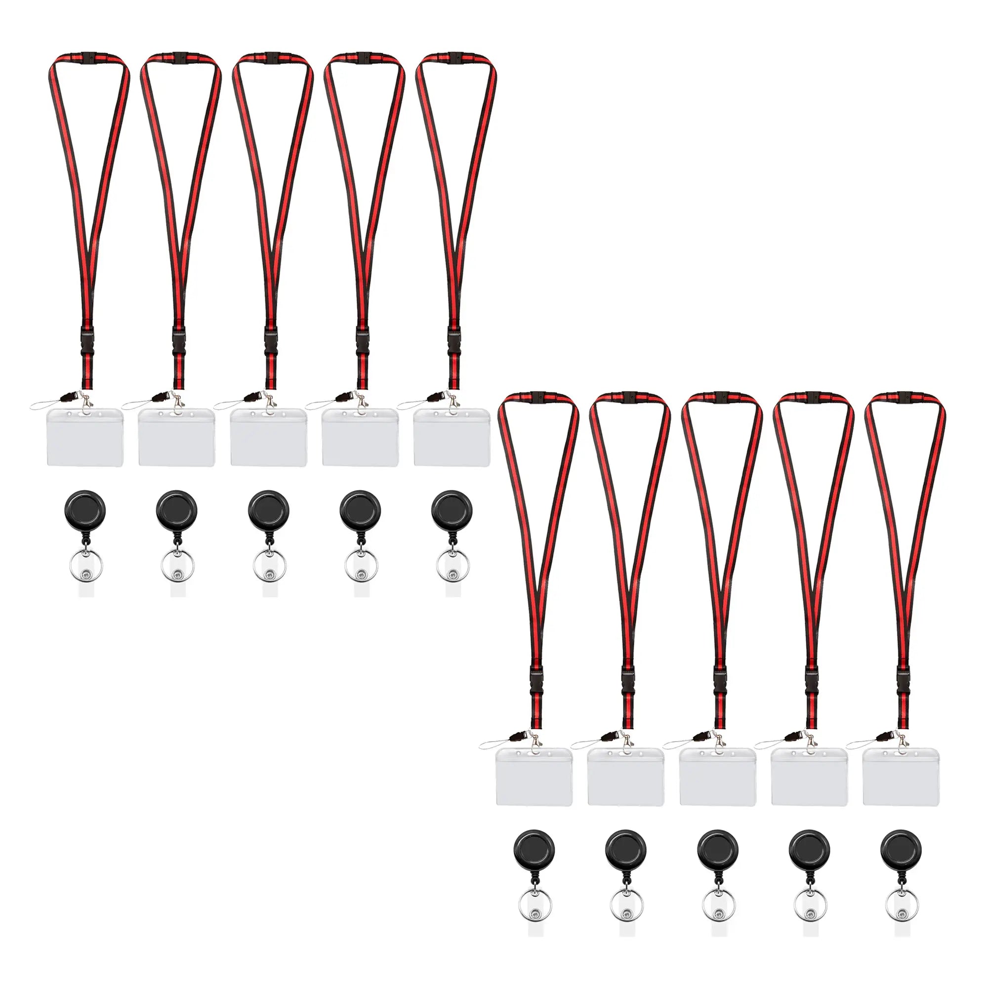 A pack of 10 red and black retractable lanyards with detachable breakaway clips and clear badge holder - FPC-9412