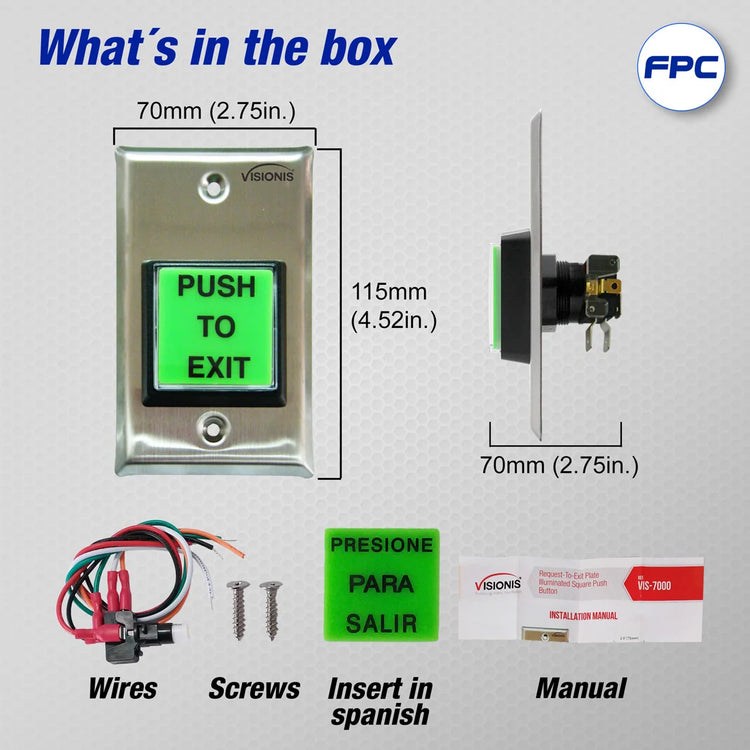 Dimensions of Green Push to Exit Button with LED Light - VIS-7000 Visionis