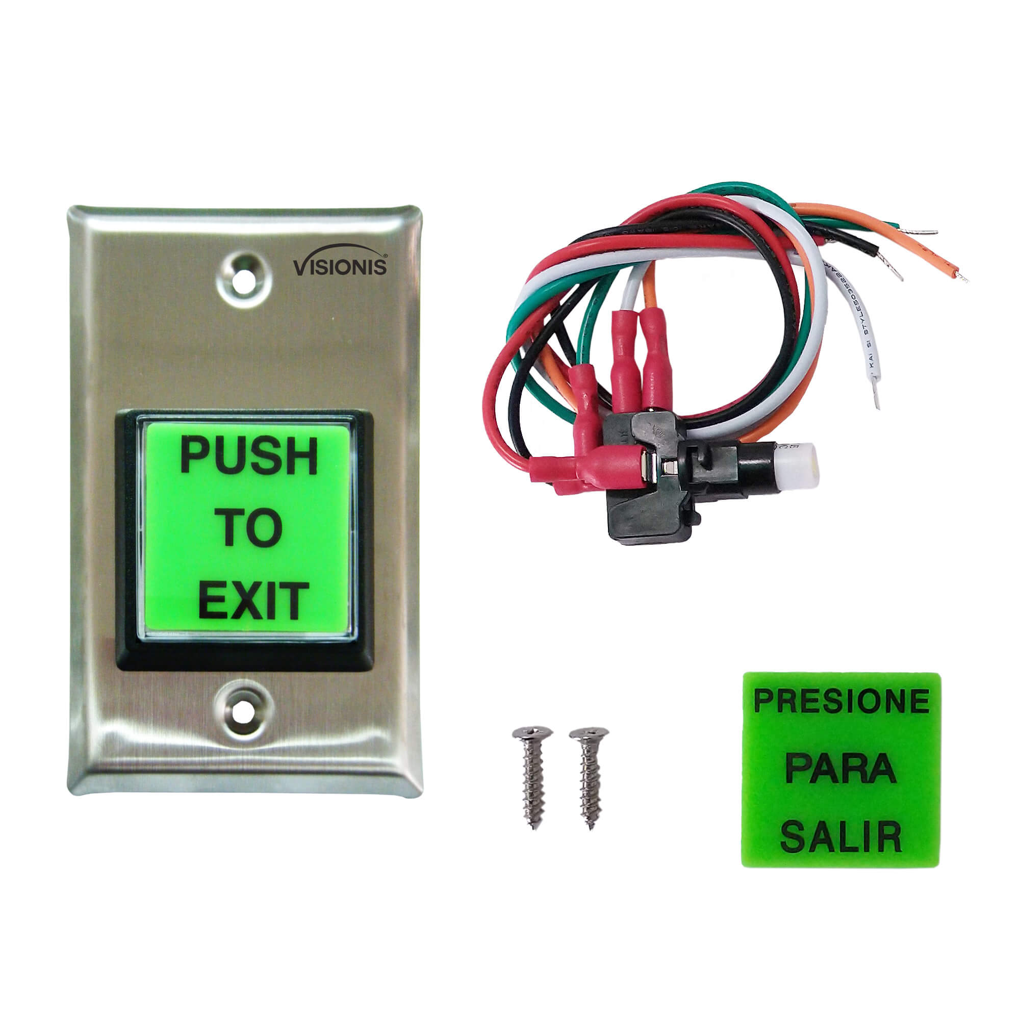 Visionis VIS-7000 push to exit button with stainless-steel faceplate and illuminated square design