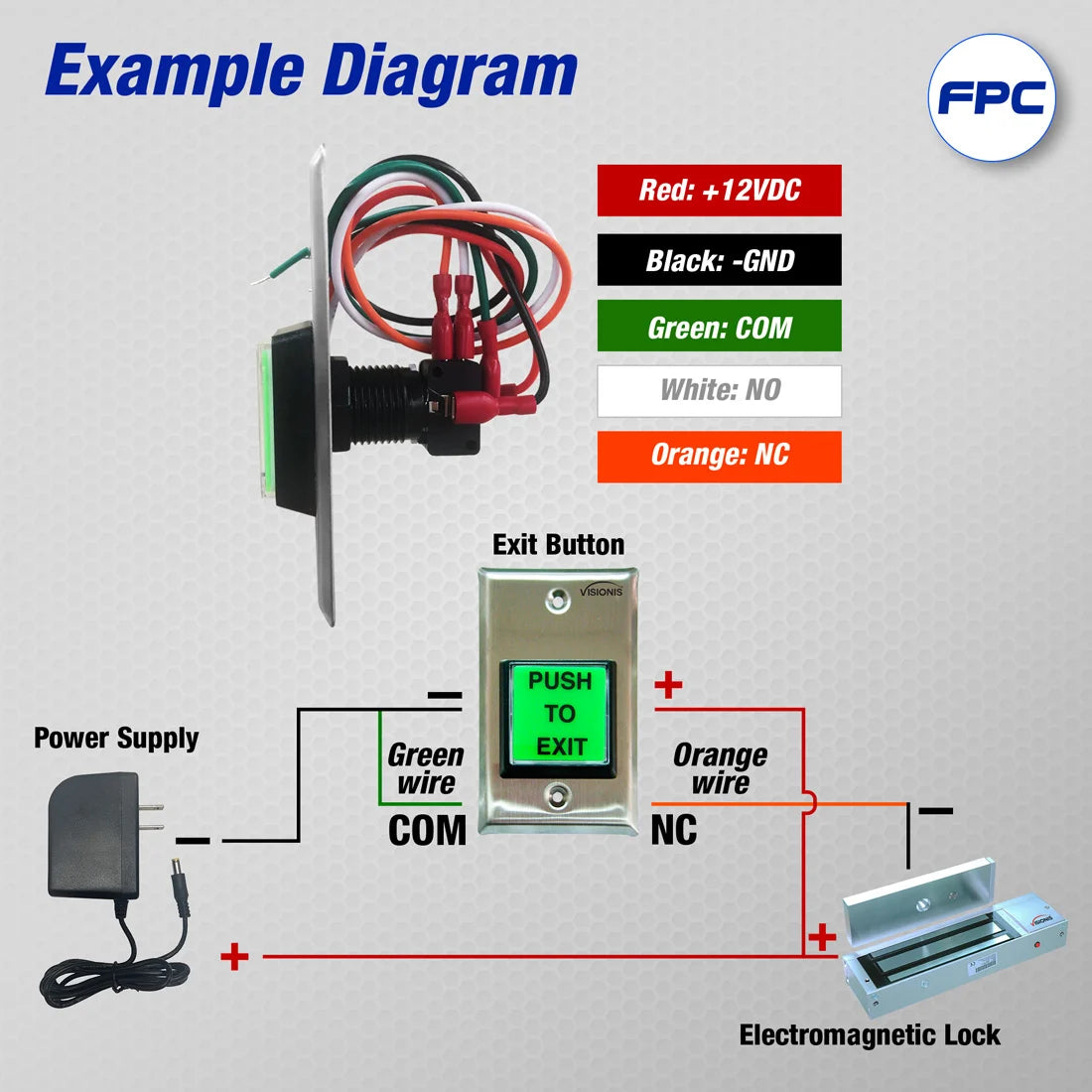 Wire diagram of push to exit button with magnetic lock - VIS-7000