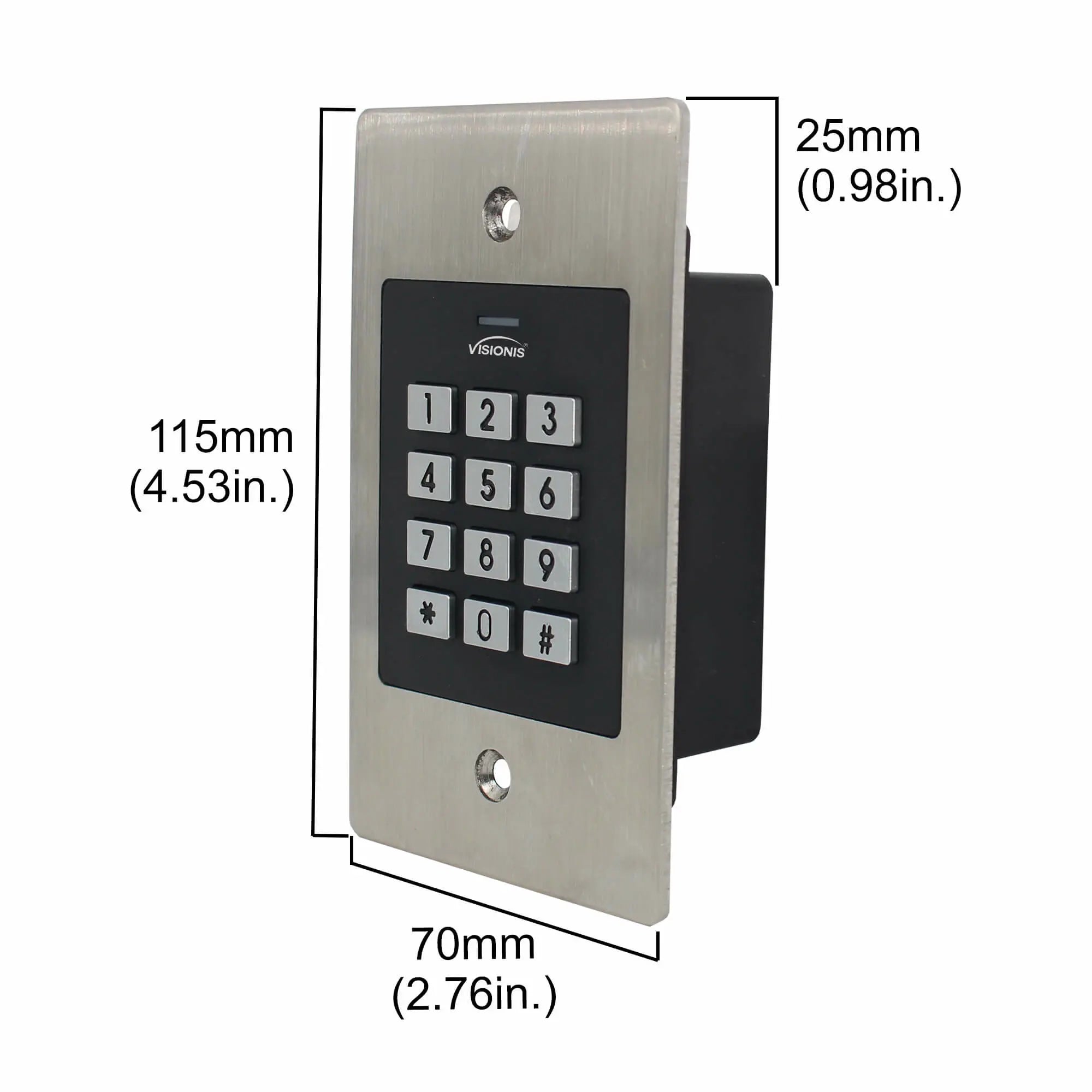 Dimensions Standalone Access Keypads, Visionis VIS-3029, IP66-rated metal design for secure indoor and outdoor access control