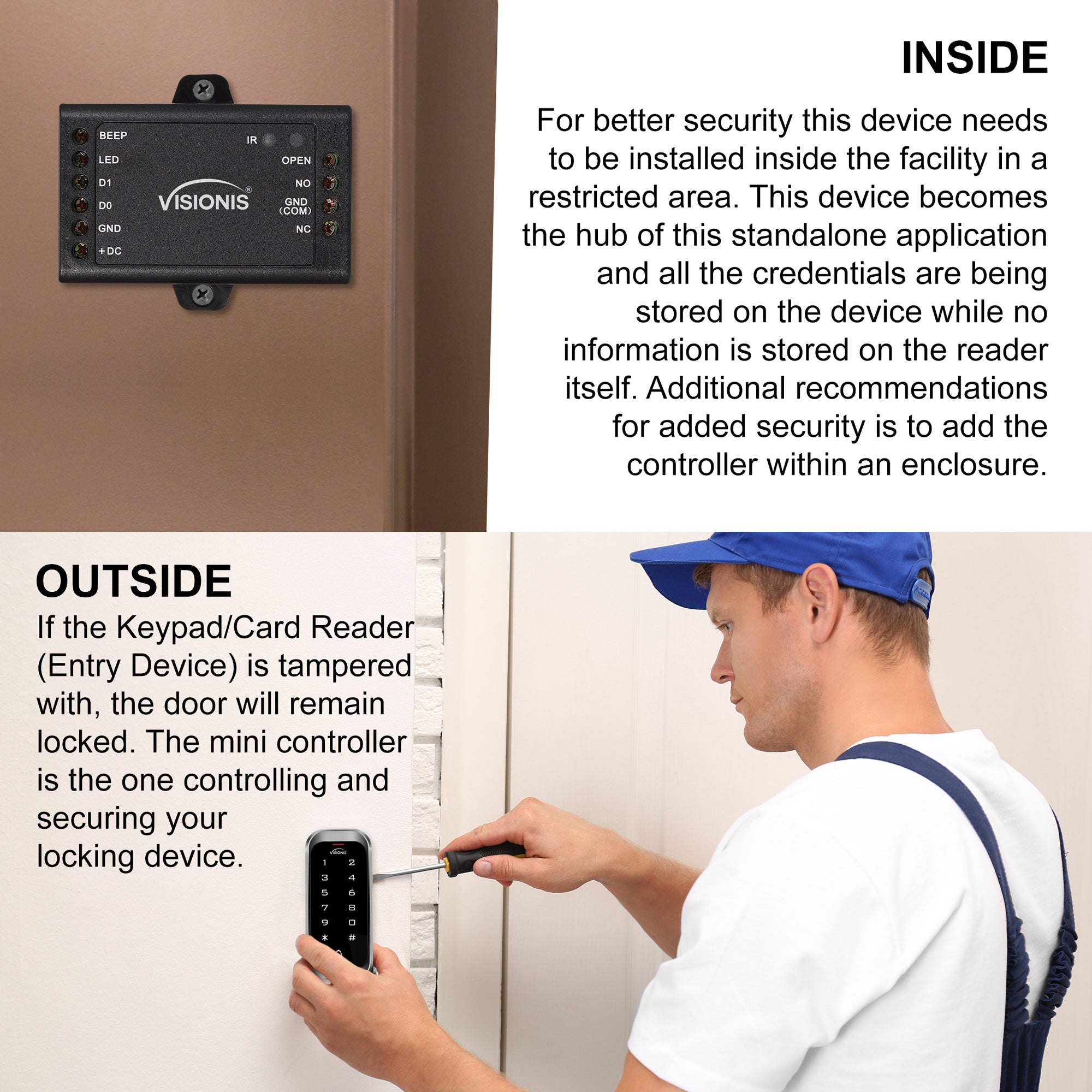 Visionis VIS-3002 - Access Control Indoor Only Digital Touch Keypad + Reader Standalone with Mini Controller, Wiegand 26, Standard Design, No Software, EM Cards, 1000 Users