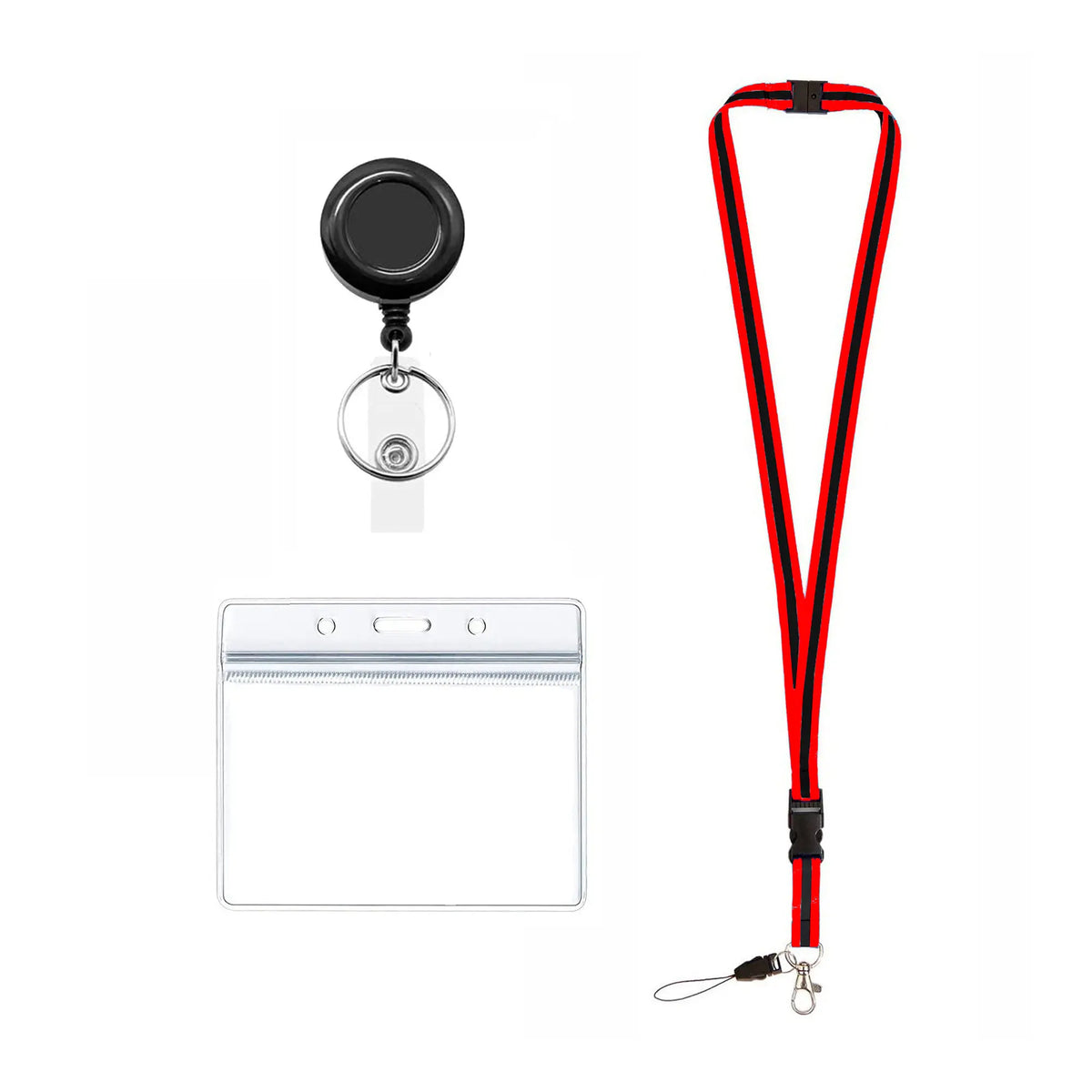Red and Black Retractable Lanyard with Detachable Breakaway Clear Badg