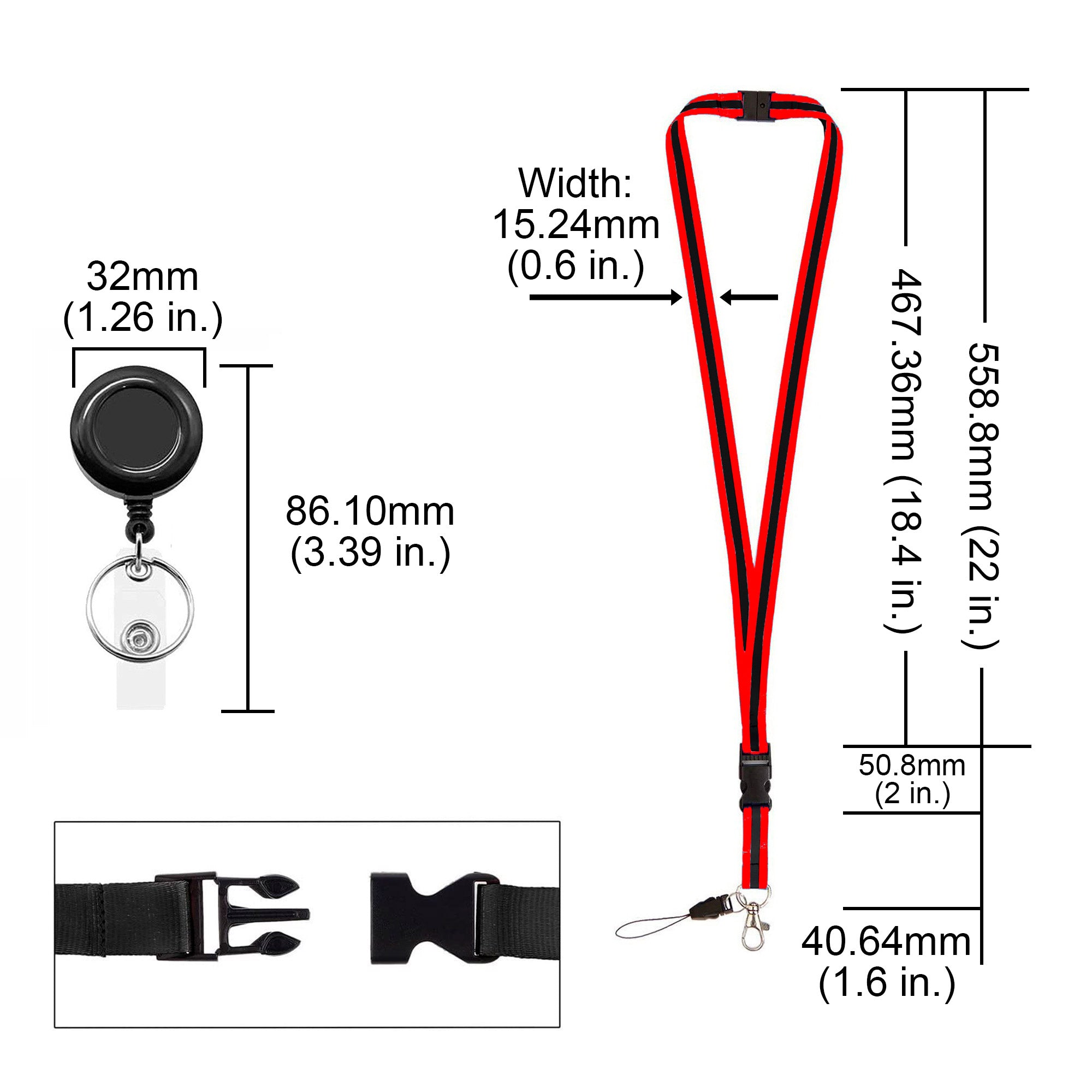 Visionis VIS-LAN/CHPB-RB Red and Black Retractable Lanyard with Detachable Breakaway Clear Badge Holder and Keychain Clip Durable ID Neck Strap for Keys, Badges, and Access Control Cards