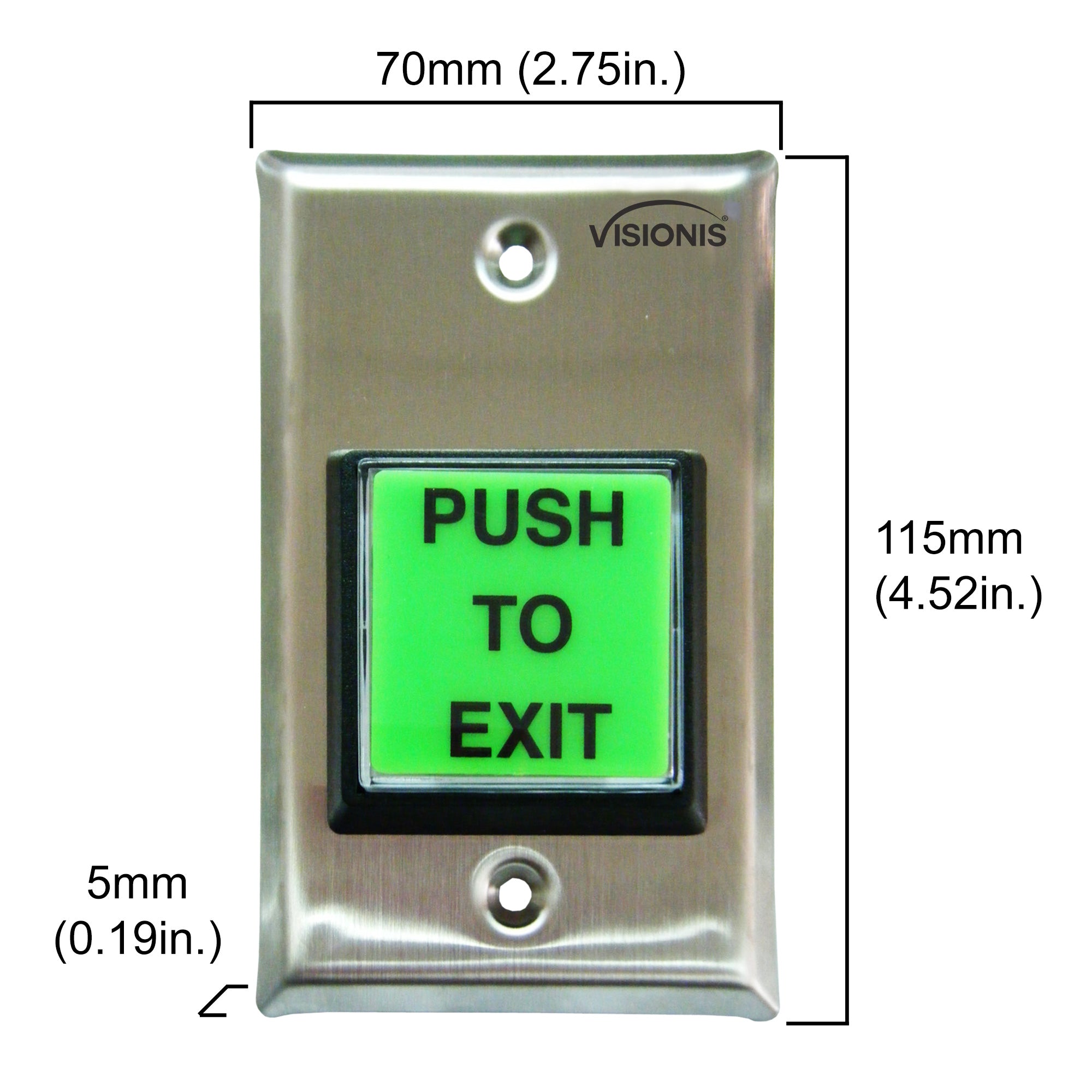 Visionis VIS-7040 Square Push To Exit Button For Door Access Control With LED Light, NC, COM, NO Outputs + Green And Red Color “PUSH TO EXIT” And “PRESIONE PARA SALIR” Plates + Blue Handicap Plate