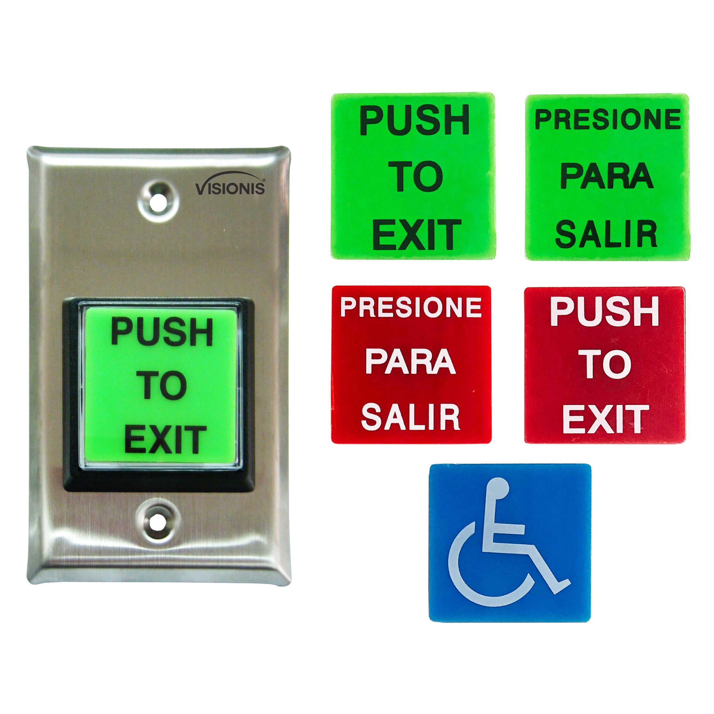 Visionis VIS-7040 Square Push To Exit Button For Door Access Control With LED Light, NC, COM, NO Outputs + Green And Red Color “PUSH TO EXIT” And “PRESIONE PARA SALIR” Plates + Blue Handicap Plate