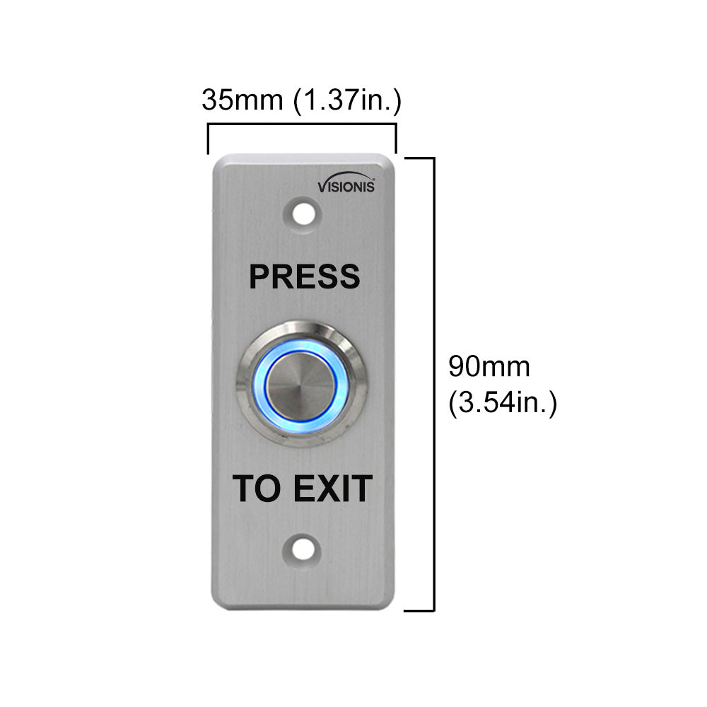 outdoor weatherproof push to exit button with blue LED indicator for access control systems. VISIONIS VIS-7008 