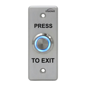 outdoor weatherproof push to exit button with blue LED indicator for access control systems. VISIONIS VIS-7008 
