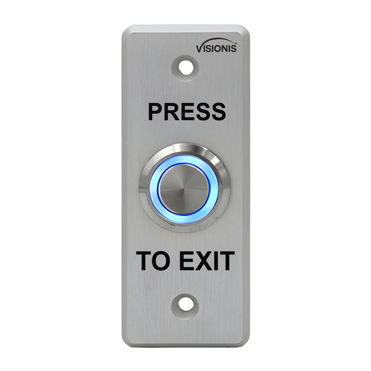 outdoor weatherproof push to exit button with blue LED indicator for access control systems. VISIONIS VIS-7008 