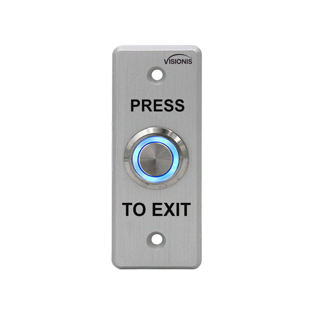 outdoor weatherproof push to exit button with blue LED indicator for access control systems. VISIONIS VIS-7008 