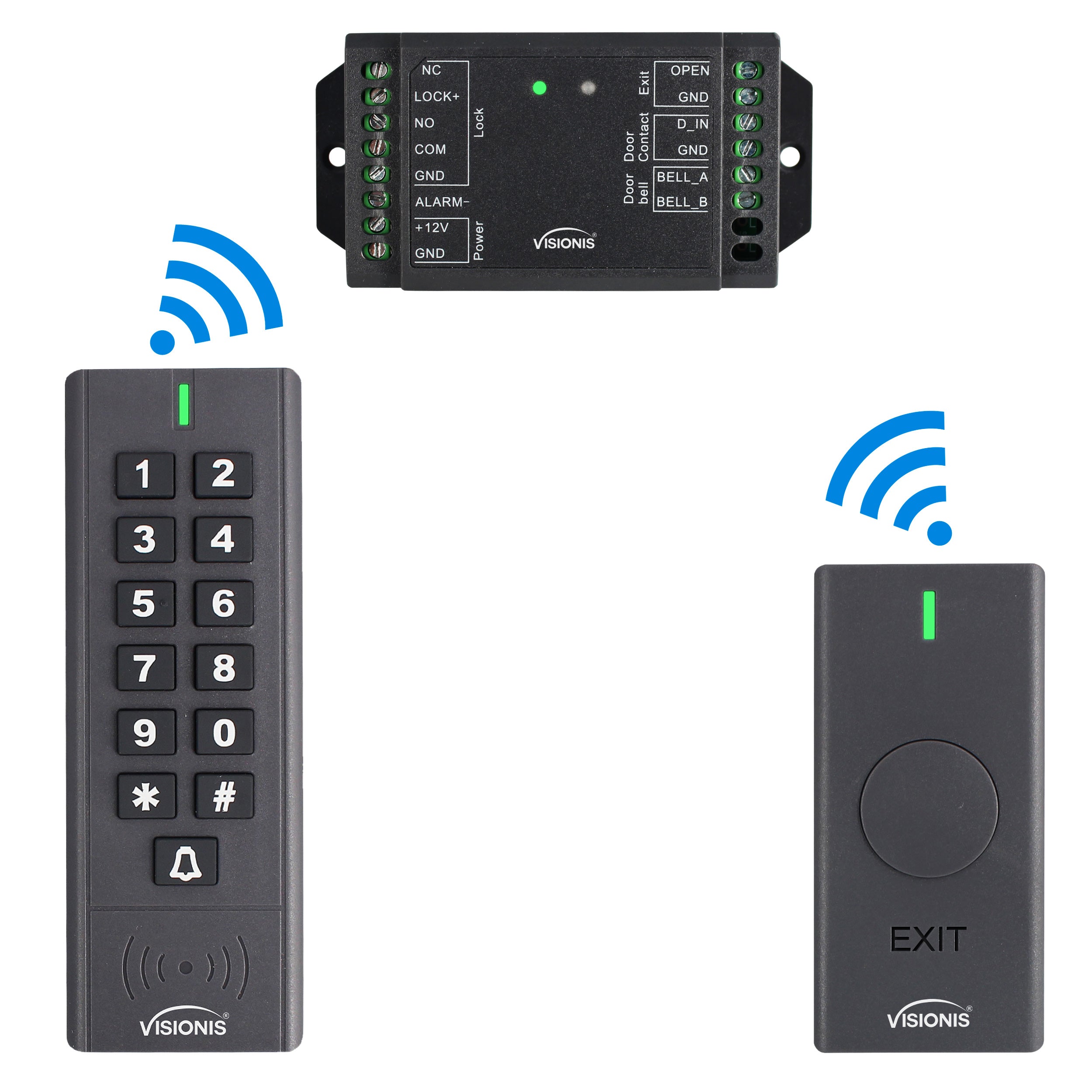 Visionis VIS-3200, 433MHz + Outdoor IP 65 + Black + Wireless Exit Button, Receiver, Keypad + Access Control + 500 Users + 165 Feet Range + Delay And On/Off + Battery Operated + Standalone No Software