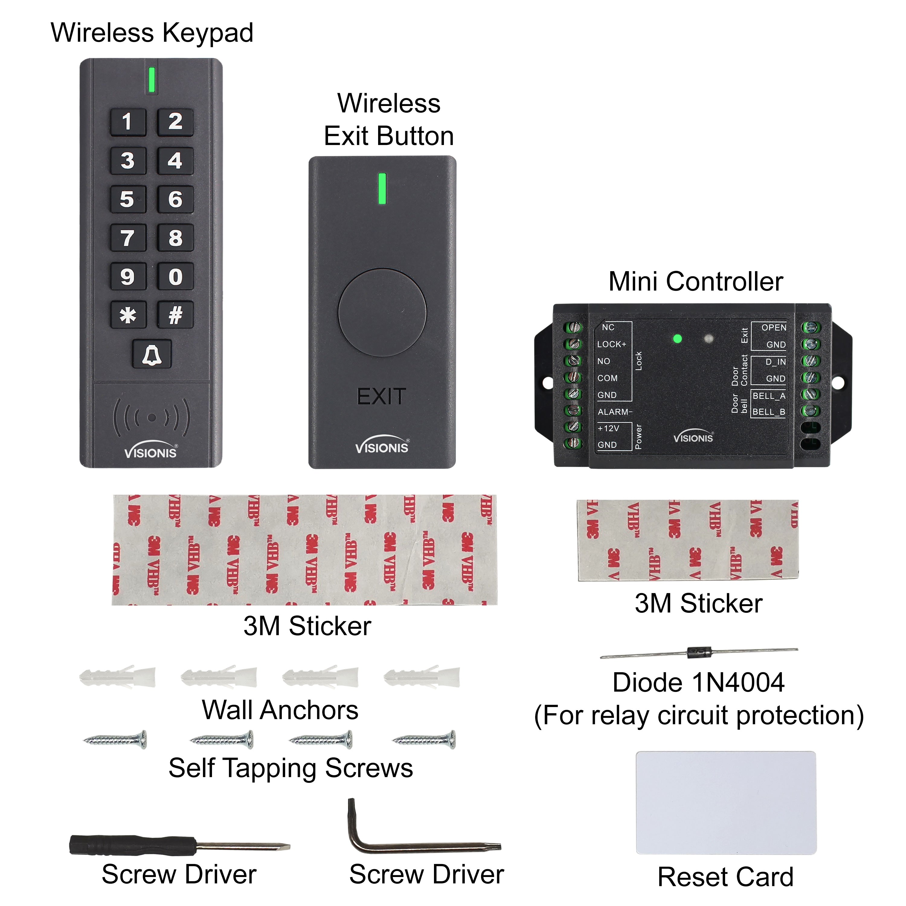 Visionis VIS-3200, 433MHz + Outdoor IP 65 + Black + Wireless Exit Button, Receiver, Keypad + Access Control + 500 Users + 165 Feet Range + Delay And On/Off + Battery Operated + Standalone No Software